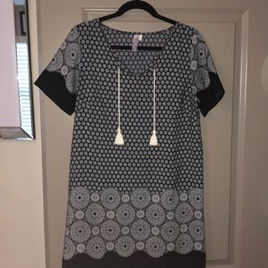 white and navy printed mini dress